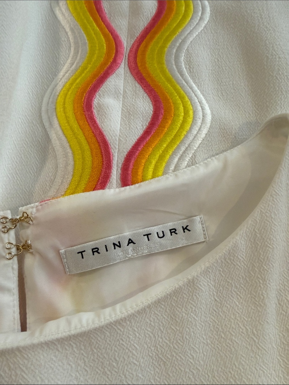 Trina Turk White Shift Dress Rainbow Ric Rac Trim Sleeveless Mod Mini-Size S/M - Picture 9 of 15